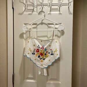 White Bandeau Tie Back Top with Floral Stitching